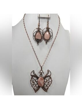 Copper Pink Opal Vintage Style Butterfly Gemstone Necklace & Earrings Set